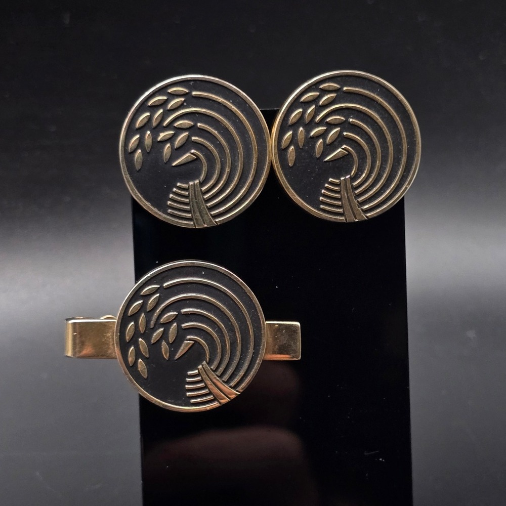 Swank Wheat Stock Cufflinks Tie Clip Set Gold Tone Black Vintage Men's Accessory
